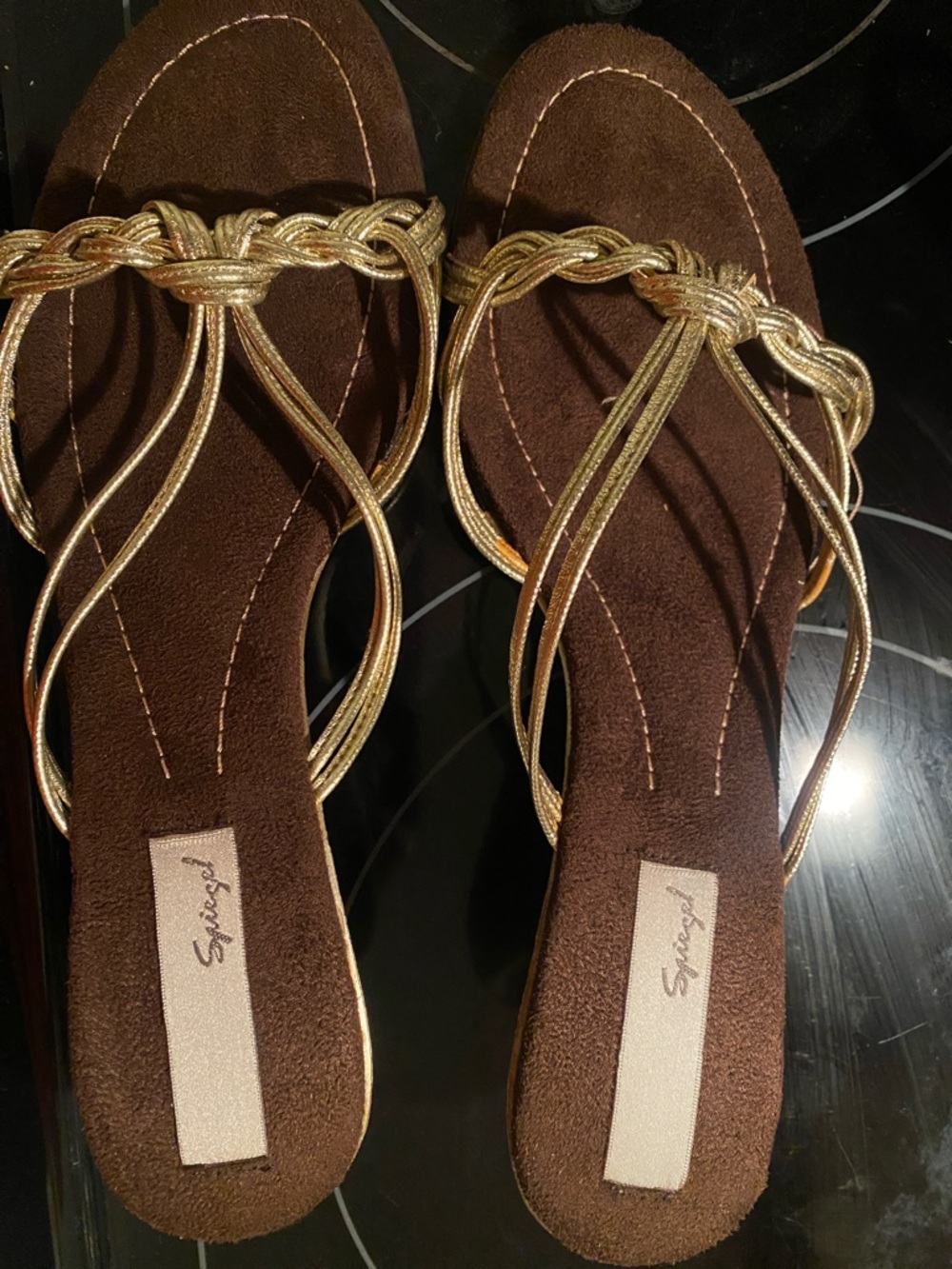 Metallic Gold Braided Strap Brown Footbed Sandals